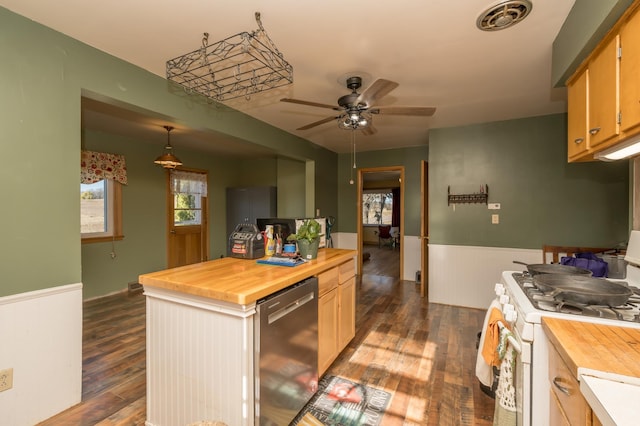 kitchen featuring white gas range oven, ceiling fan, dark hardwood / wood-style floors, wood counters, and stainless steel dishwasher