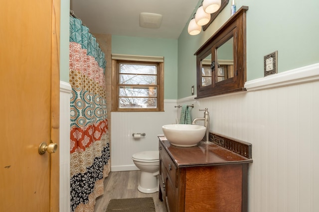 bathroom with wood-type flooring, toilet, and vanity