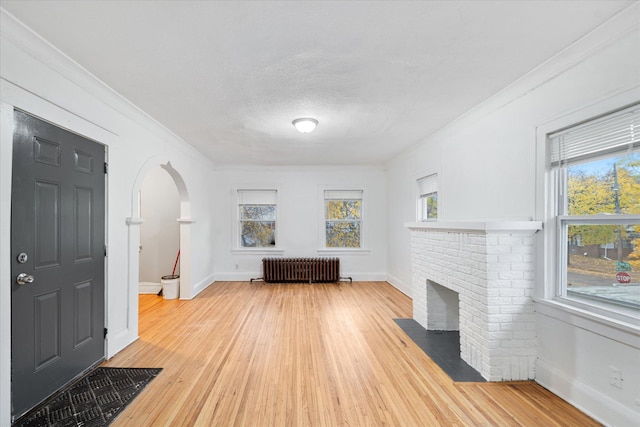 living room with a fireplace, a wealth of natural light, radiator heating unit, and hardwood / wood-style flooring