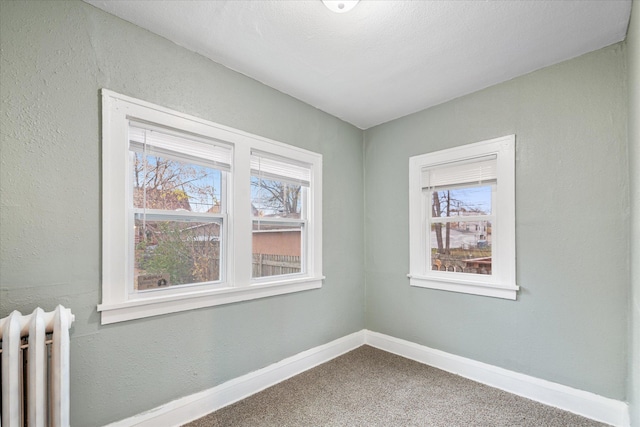 spare room featuring radiator, carpet, and plenty of natural light