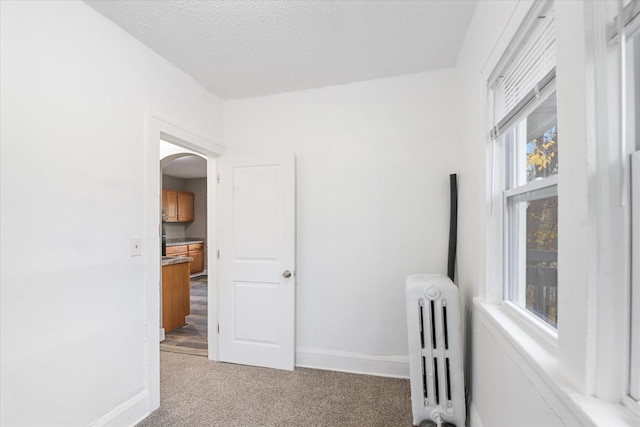 bedroom featuring radiator heating unit, carpet, and a textured ceiling