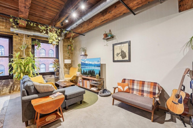 carpeted living room featuring brick wall, beam ceiling, and wood ceiling