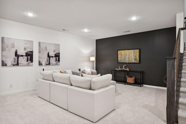 living room featuring light colored carpet