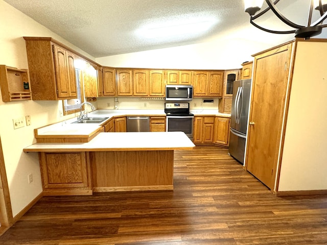 kitchen featuring lofted ceiling, sink, dark hardwood / wood-style floors, appliances with stainless steel finishes, and kitchen peninsula