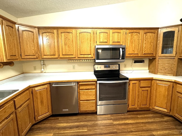 kitchen with a textured ceiling, dark hardwood / wood-style floors, stainless steel appliances, and vaulted ceiling