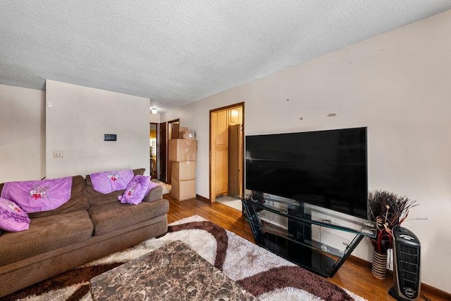 living room with wood-type flooring and a textured ceiling