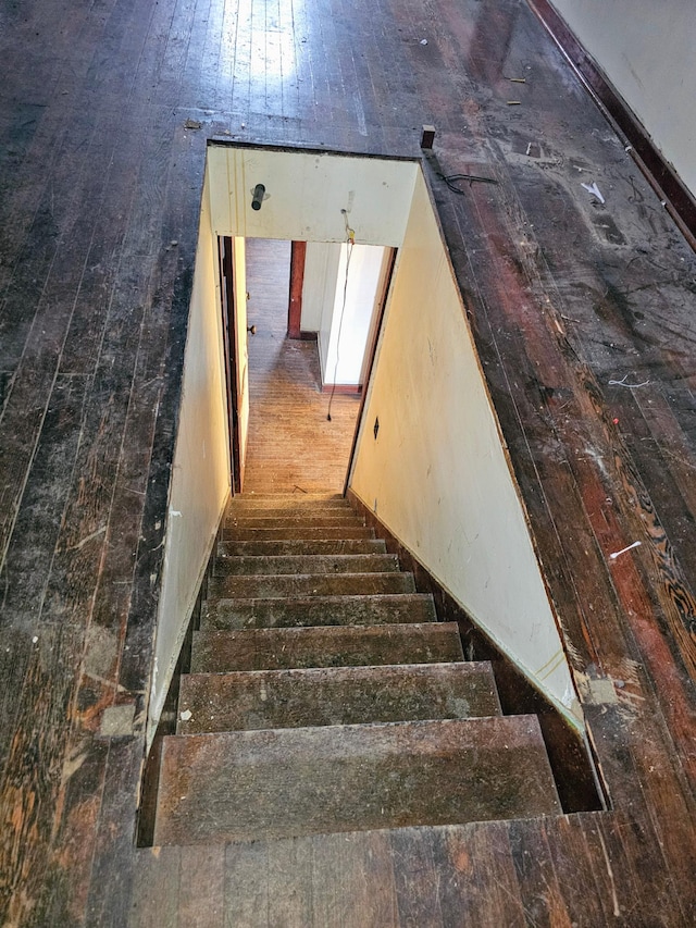 staircase with hardwood / wood-style flooring