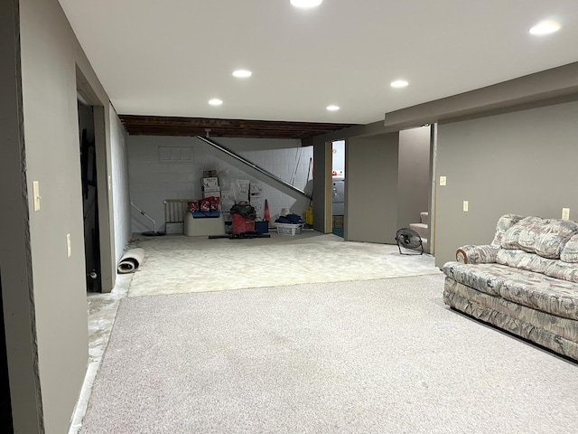 basement with light carpet