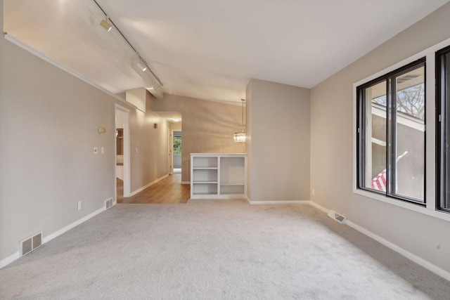 unfurnished room featuring light colored carpet and track lighting