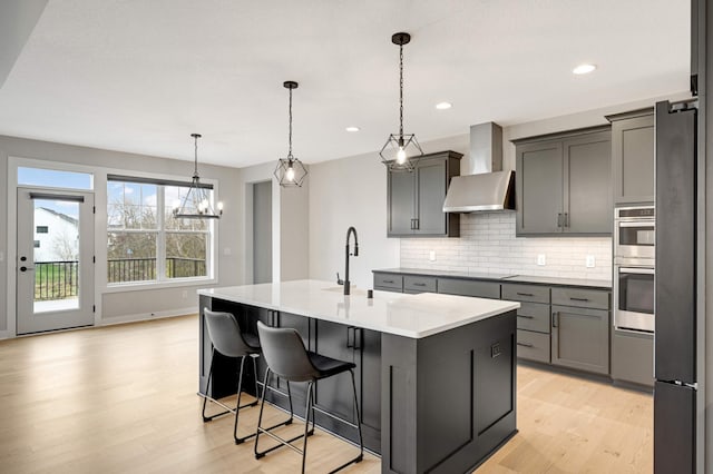 kitchen featuring sink, hanging light fixtures, backsplash, an island with sink, and wall chimney exhaust hood