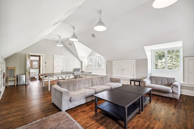 living room with dark hardwood / wood-style flooring and lofted ceiling