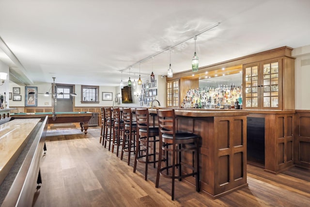 bar featuring hardwood / wood-style floors, rail lighting, pendant lighting, and billiards