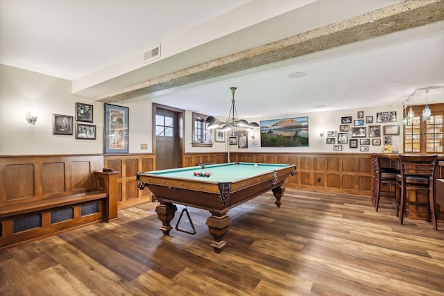 playroom featuring plenty of natural light, pool table, and hardwood / wood-style flooring