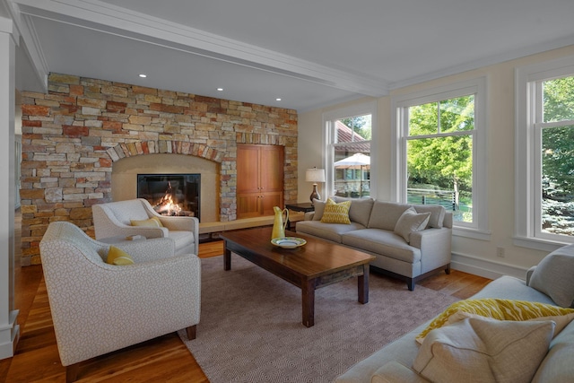 19752 Halwood Rd, Glenwood Twp, MN 56334 - living area featuring light wood finished floors, a fireplace, ornamental molding, beamed ceiling, and baseboards