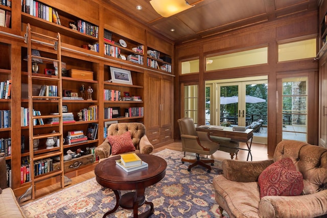 19752 Halwood Rd, Glenwood Twp, MN 56334 - home office with wood ceiling, french doors, wooden walls, built in shelves, and recessed lighting