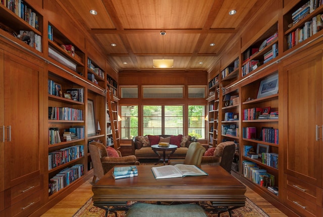 19752 Halwood Rd, Glenwood Twp, MN 56334 - office featuring wood ceiling with exposed beams, bookshelves, wood finished floors, built in shelves, and recessed lighting