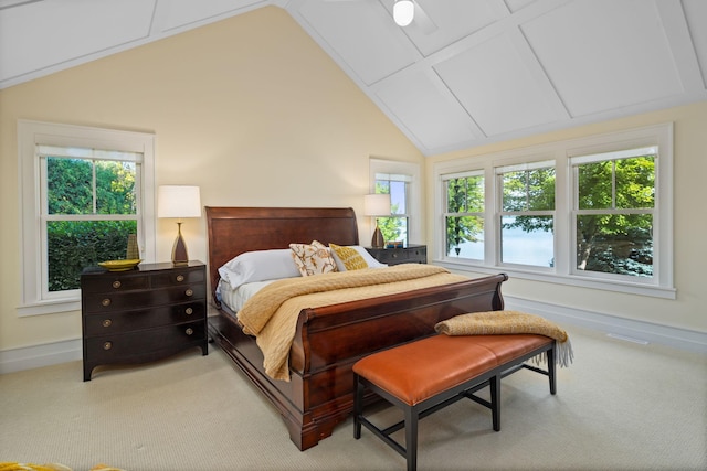 19752 Halwood Rd, Glenwood Twp, MN 56334 - carpeted bedroom with multiple windows, lofted ceiling, and baseboards