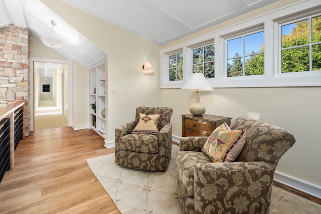 19752 Halwood Rd, Glenwood Twp, MN 56334 - living area with vaulted ceiling, light wood-type flooring, and baseboards