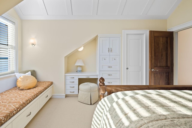 19752 Halwood Rd, Glenwood Twp, MN 56334 - bedroom featuring light carpet, vaulted ceiling, and baseboards