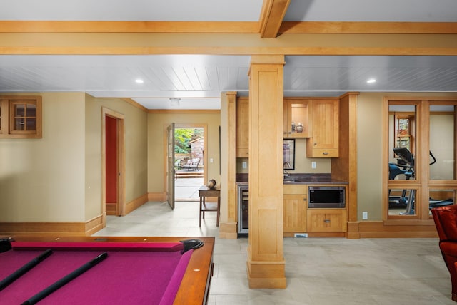 19752 Halwood Rd, Glenwood Twp, MN 56334 - playroom featuring beamed ceiling, beverage cooler, billiards, recessed lighting, and baseboards
