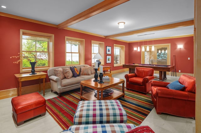 19752 Halwood Rd, Glenwood Twp, MN 56334 - living room with billiards table, beam ceiling, and baseboards