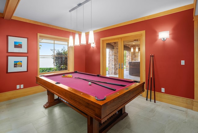 19752 Halwood Rd, Glenwood Twp, MN 56334 - recreation room with french doors, baseboards, billiards table, tile patterned floors, and a water view