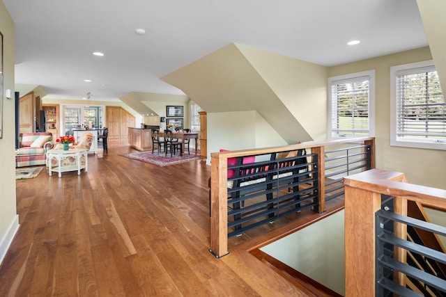 19752 Halwood Rd, Glenwood Twp, MN 56334 - corridor featuring wood finished floors, recessed lighting, an upstairs landing, and baseboards
