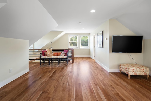 19752 Halwood Rd, Glenwood Twp, MN 56334 - bonus room with wood finished floors, baseboards, recessed lighting, and lofted ceiling