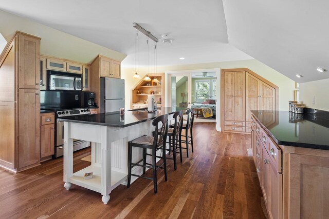 19752 Halwood Rd, Glenwood Twp, MN 56334 - kitchen with stainless steel appliances, dark countertops, an island with sink, dark wood-style floors, and recessed lighting
