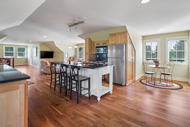 19752 Halwood Rd, Glenwood Twp, MN 56334 - kitchen featuring appliances with stainless steel finishes, dark countertops, dark wood-style floors, a sink, and a breakfast bar area
