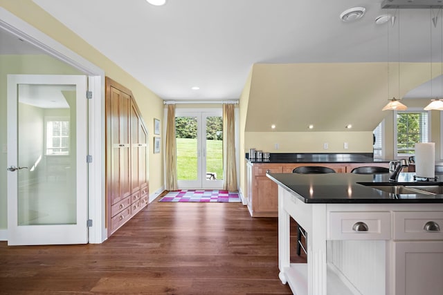 19752 Halwood Rd, Glenwood Twp, MN 56334 - kitchen featuring dark wood-style flooring, dark countertops, plenty of natural light, a sink, and recessed lighting