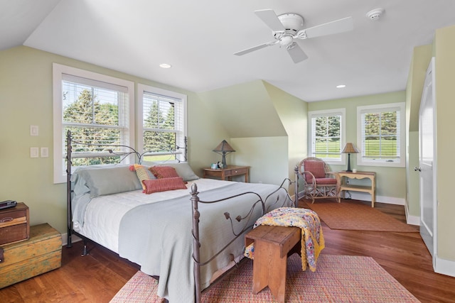 19752 Halwood Rd, Glenwood Twp, MN 56334 - bedroom featuring multiple windows, lofted ceiling, wood finished floors, ceiling fan, and baseboards