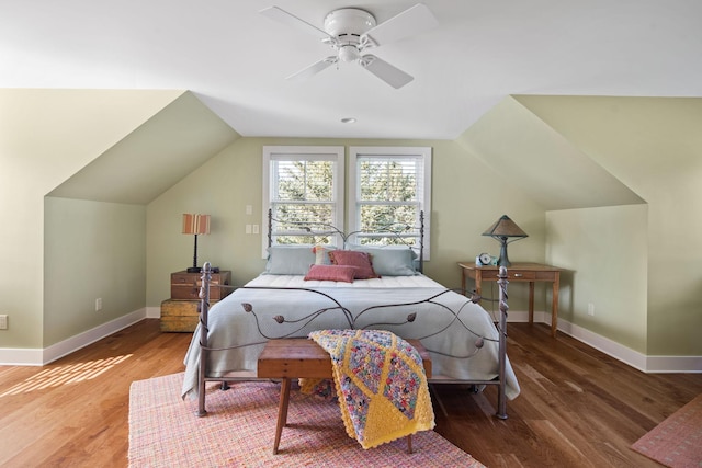19752 Halwood Rd, Glenwood Twp, MN 56334 - bedroom with wood finished floors, baseboards, lofted ceiling, and ceiling fan