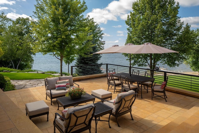 19752 Halwood Rd, Glenwood Twp, MN 56334 - view of patio with a water view, an outdoor living space, and outdoor dining area