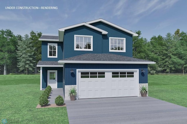 view of front of property featuring a garage and a front lawn