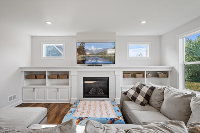 living room featuring a fireplace and dark hardwood / wood-style flooring