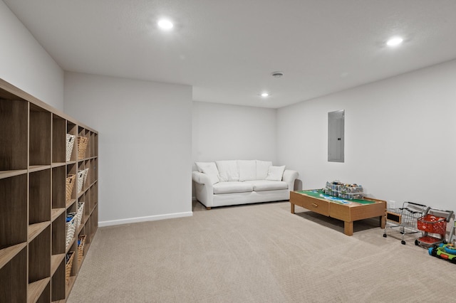 playroom with electric panel and carpet floors