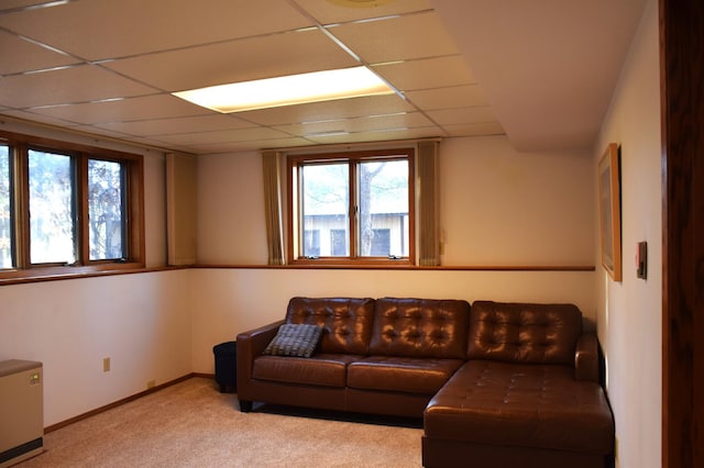 2935 Acorn Ln NE, Bemidji, MN 56601 - living room featuring a drop ceiling, light carpet, and baseboards