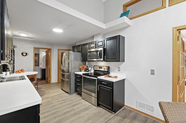 kitchen with sink, stainless steel appliances, and light hardwood / wood-style flooring