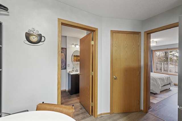 bathroom with hardwood / wood-style floors, vanity, and a textured ceiling