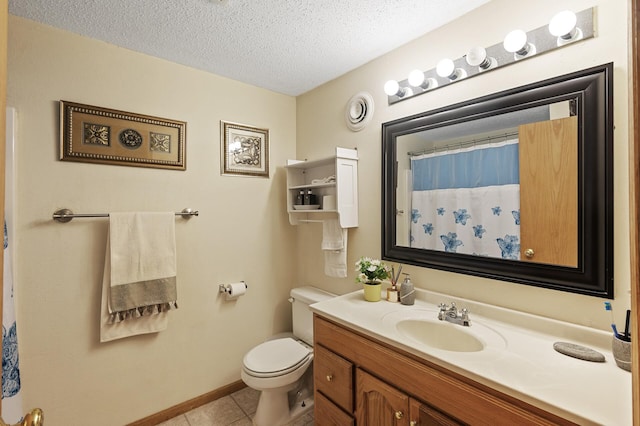 bathroom featuring walk in shower, vanity, a textured ceiling, tile patterned flooring, and toilet