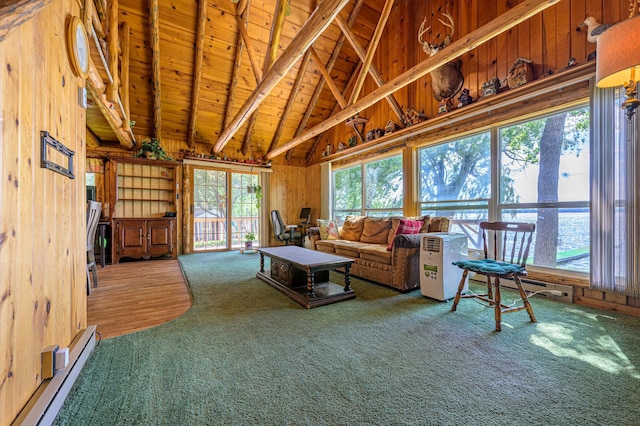 22077 Csah 14, Darwin, MN 55324 - living room with a baseboard heating unit, wooden walls, a wooden ceiling with exposed beams, carpet floors, and healthy amount of natural light