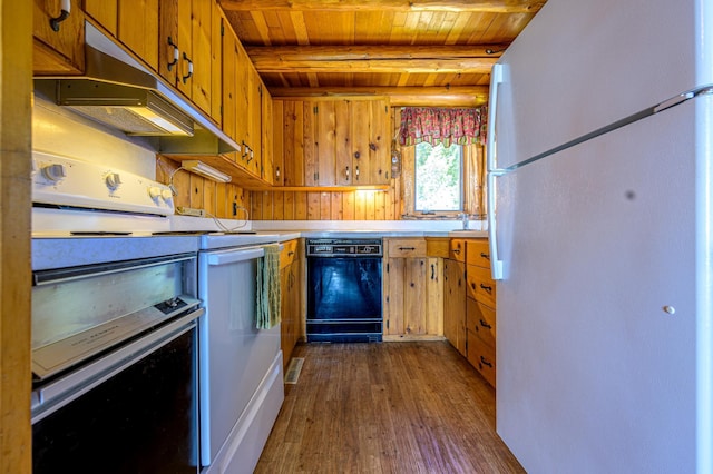 22077 Csah 14, Darwin, MN 55324 - kitchen with white appliances, under cabinet range hood, a wooden ceiling with exposed beams, dark wood-type flooring, and light countertops