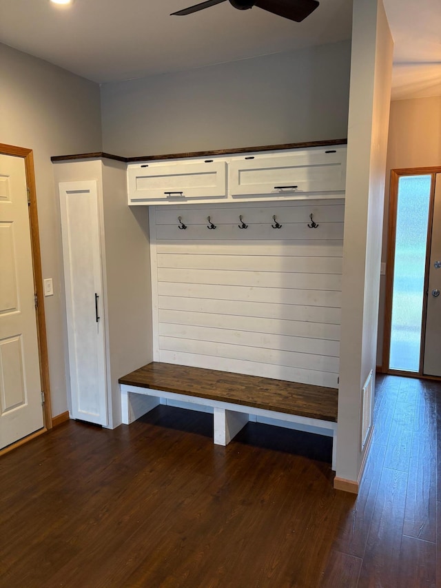 mudroom featuring dark hardwood / wood-style floors and ceiling fan