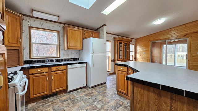 kitchen with white appliances, a skylight, a wealth of natural light, and wood walls