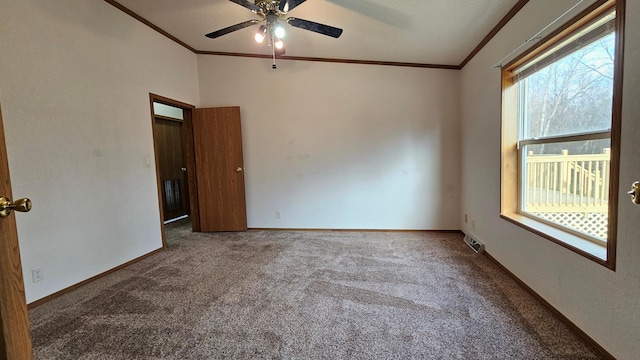 spare room featuring carpet floors, ceiling fan, and ornamental molding