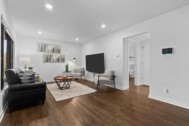 living room with dark hardwood / wood-style flooring