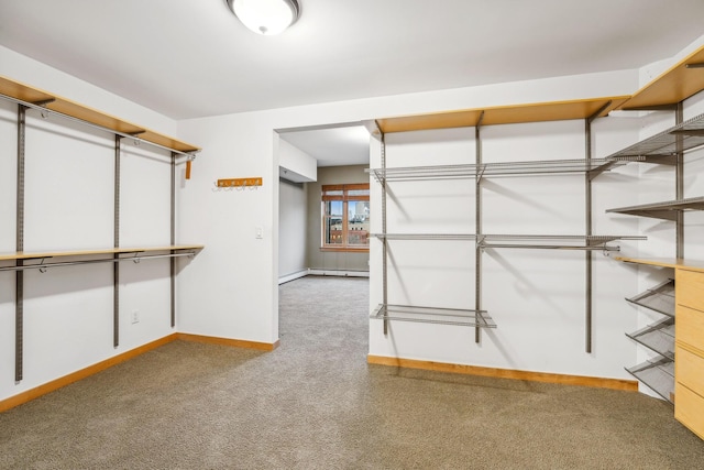 walk in closet with carpet floors and a baseboard radiator