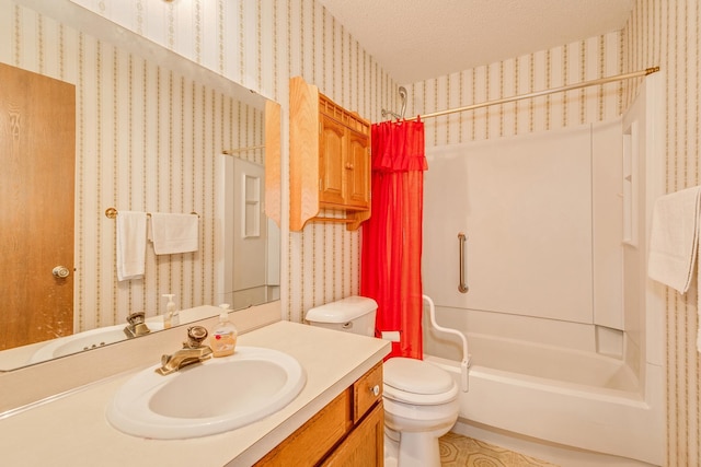 full bathroom featuring a textured ceiling, vanity, shower / bath combination with curtain, and toilet