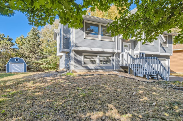 bi-level home with a storage shed